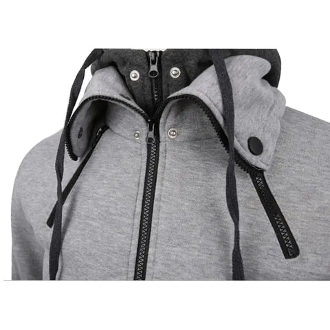 Men's double zipper hoodie jacket in gray featuring sporty style with black drawstrings.