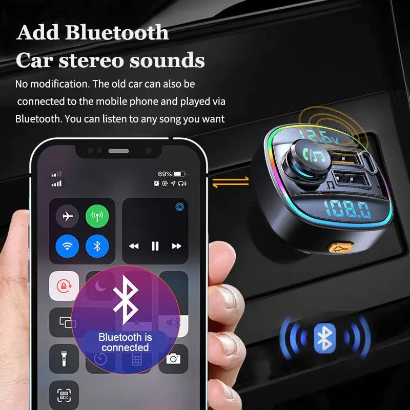 Adaptador transmisor FM inalámbrico para coche con Bluetooth 5.0, cargador USB PD, manos libres auxiliar