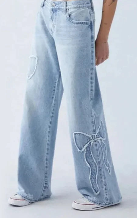 Embroidered Side Frayed Butterfly Jeans