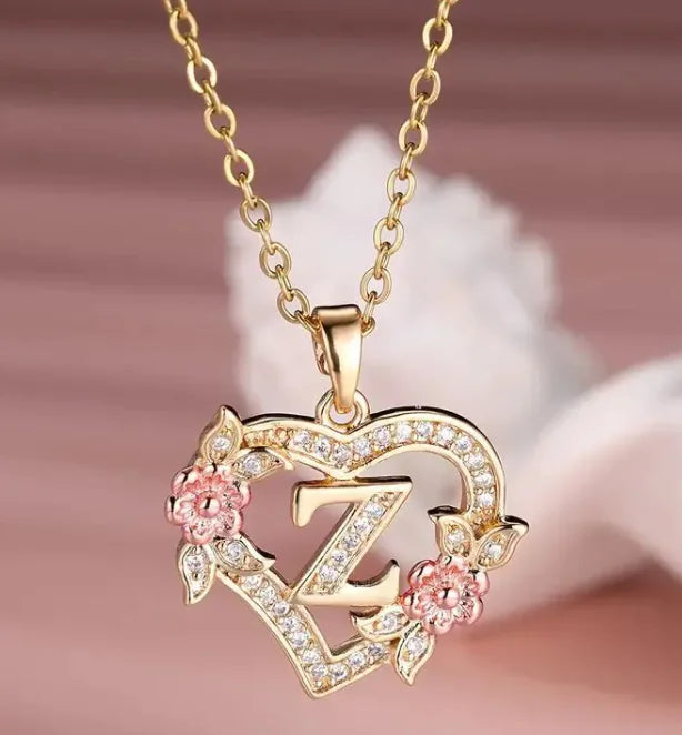 Heart Flowers Letter Necklace