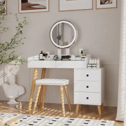 Dressing Table with LED Lights, Glass Top With 5 Drawers, Mirror and Stool Frugal Finds Galore