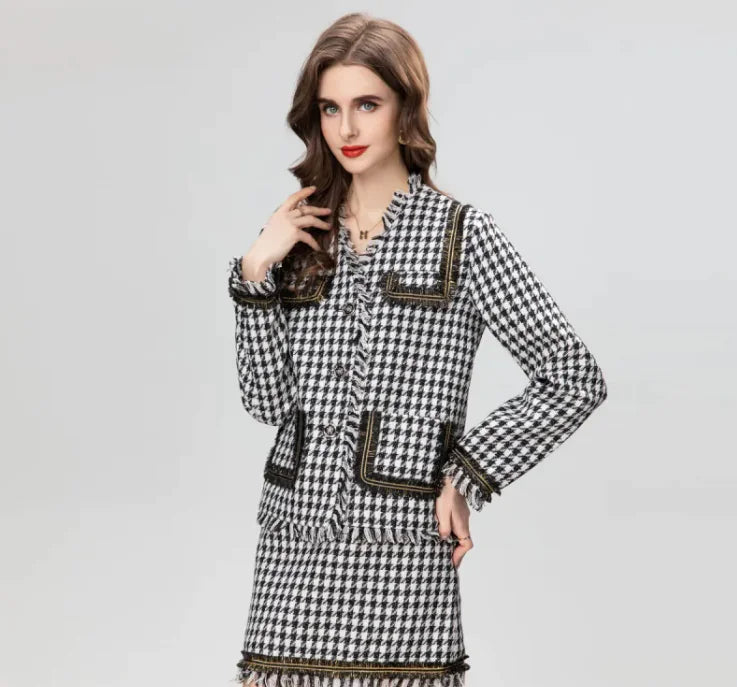 Houndstooth Tassel Short Coat with Skirt