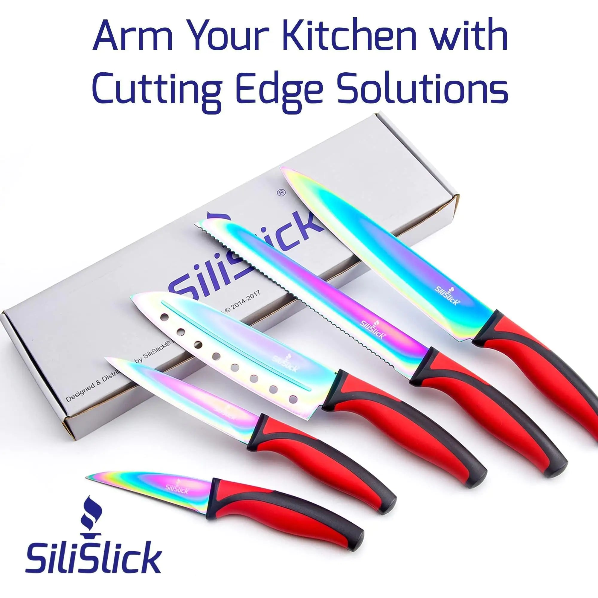 Kitchen Knife Set 5 Professional Grade Iridescent Blade Sharpener Hanger Red