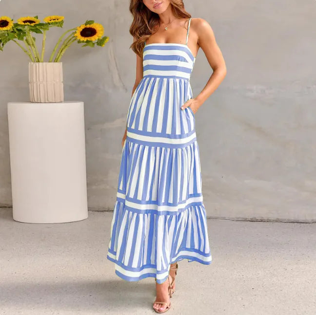 Striped Summer Dress with Pockets – Backless