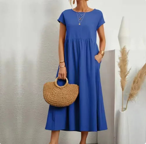 Solid Color Cotton-Linen Pocket Dress