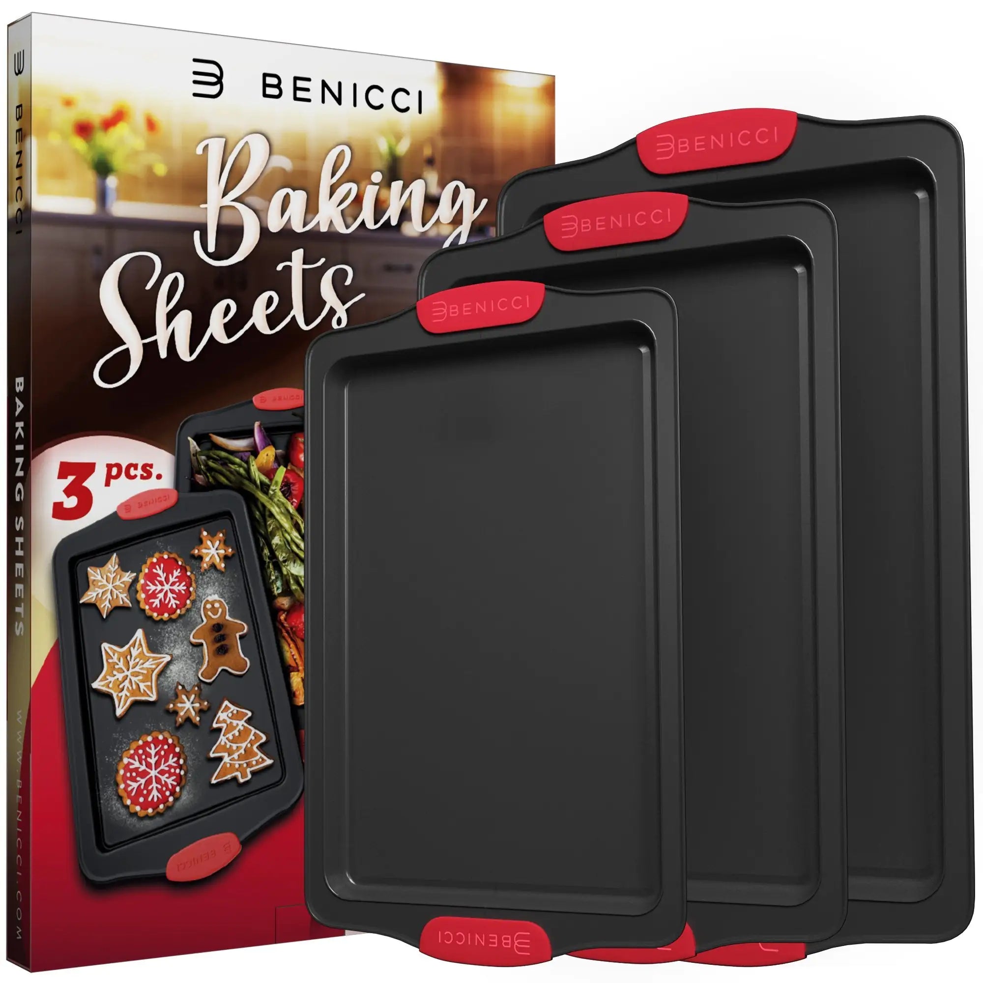 Premium Non-Stick Baking Sheets Set of 3 - w/ Silicone Handles