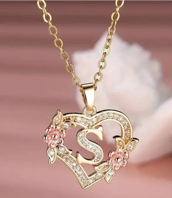 Heart Flowers Letter Necklace