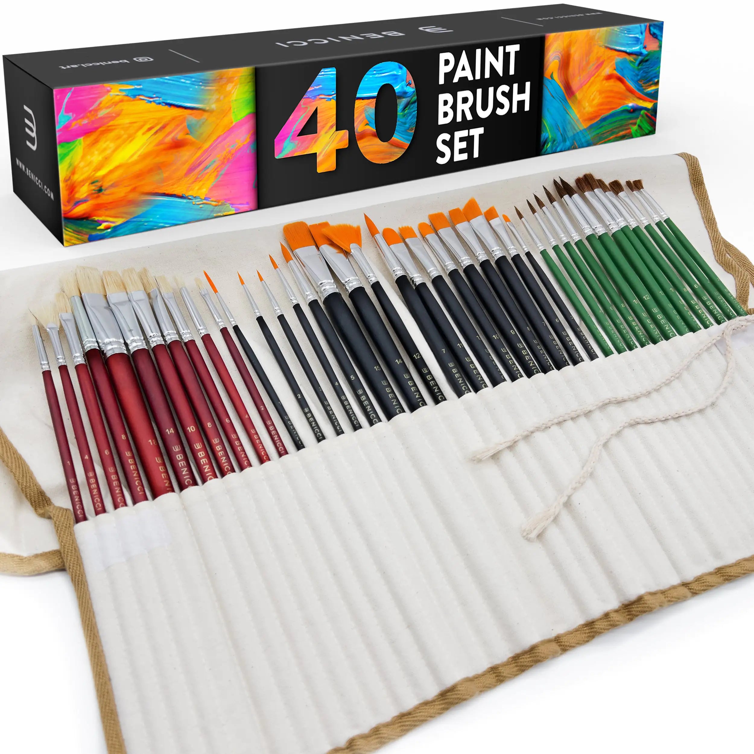 Easy Grip 40 Piece Artist Paint Brush Set with Storage Case -  Hog, Pony, and Nylon Hair Bristles