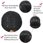 Silk base breathable inner net with adjustable hook and side pads for comfort in women's Brazilian long curly lace wigs.