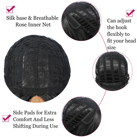 Silk base breathable inner net with adjustable hook and side pads for comfort in women's Brazilian long curly lace wigs.