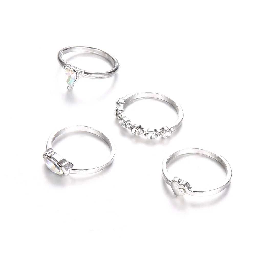 Classic Silver Crystal Heart Ring Set