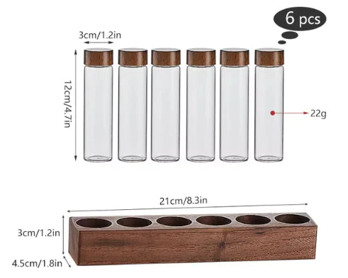 Walnut Wood Tube Set - Glass Containers with Display Rack