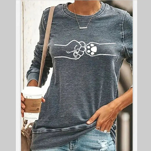 Cat Print Long Sleeve Round Neck Pullover T-Shirt Frugal Finds Galore