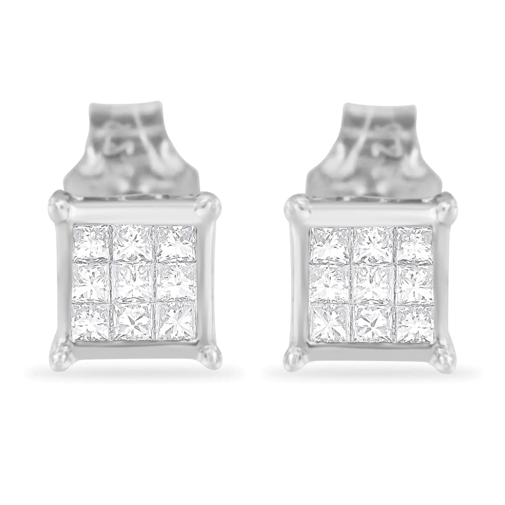 Sterling Silver Princess Cut Diamond Square Stud Earrings