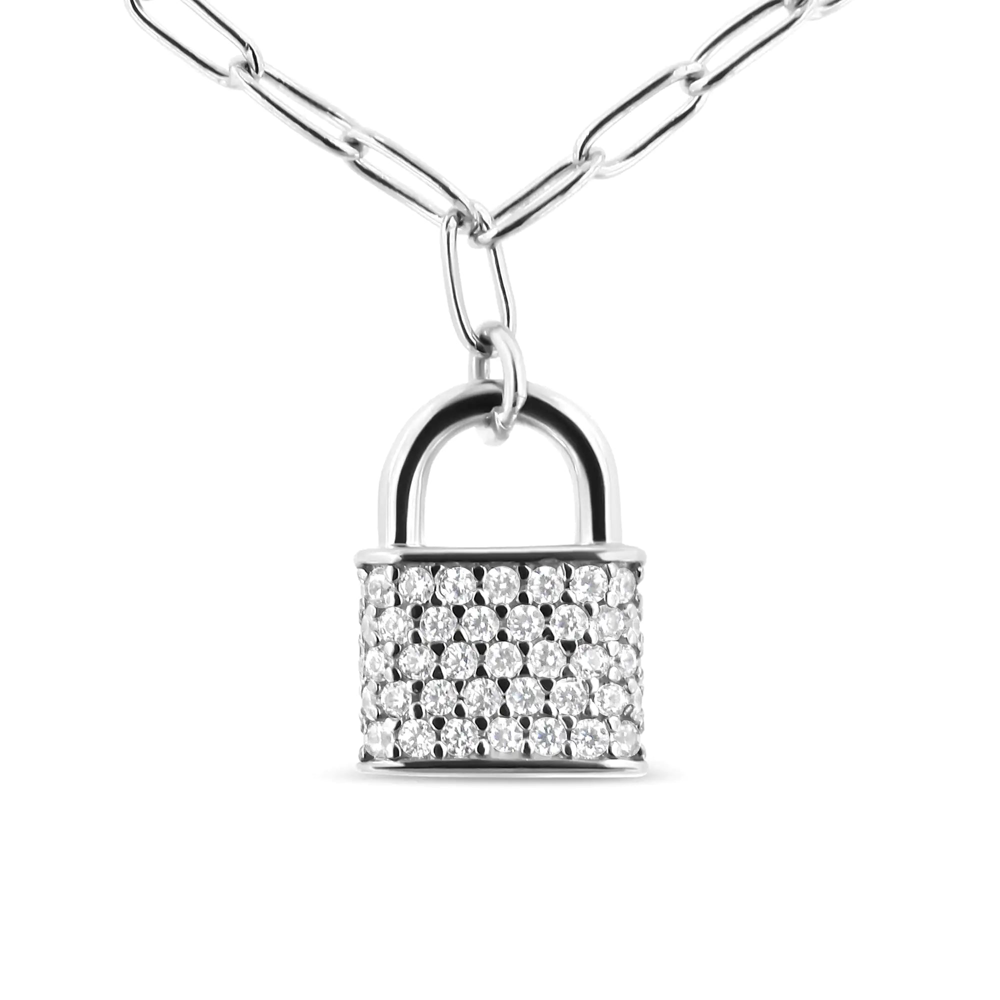 Sterling Silver 1/4 Ct Diamond Lock Pendant Necklace with Paperclip Chain