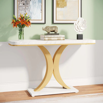 Modern Gold Console Table 40 inch Narrow Entryway Foyer Table with Geometric Base Rustic Hallway Accent Table for Living Room Entrance White and Gold Frugal Finds Galore