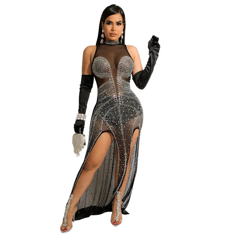 Women's See-through Mesh Hot Drilling Dress Frugal Finds Galore