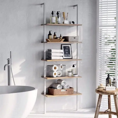 Karl home Ladder Shelf 5 Tier Wall Mounted Bookcase with Metal Frame  (23.62" L x 11.81" W x 70.87" H) Frugal Finds Galore