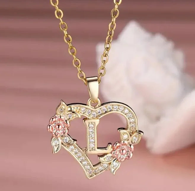 Heart Flowers Letter Necklace