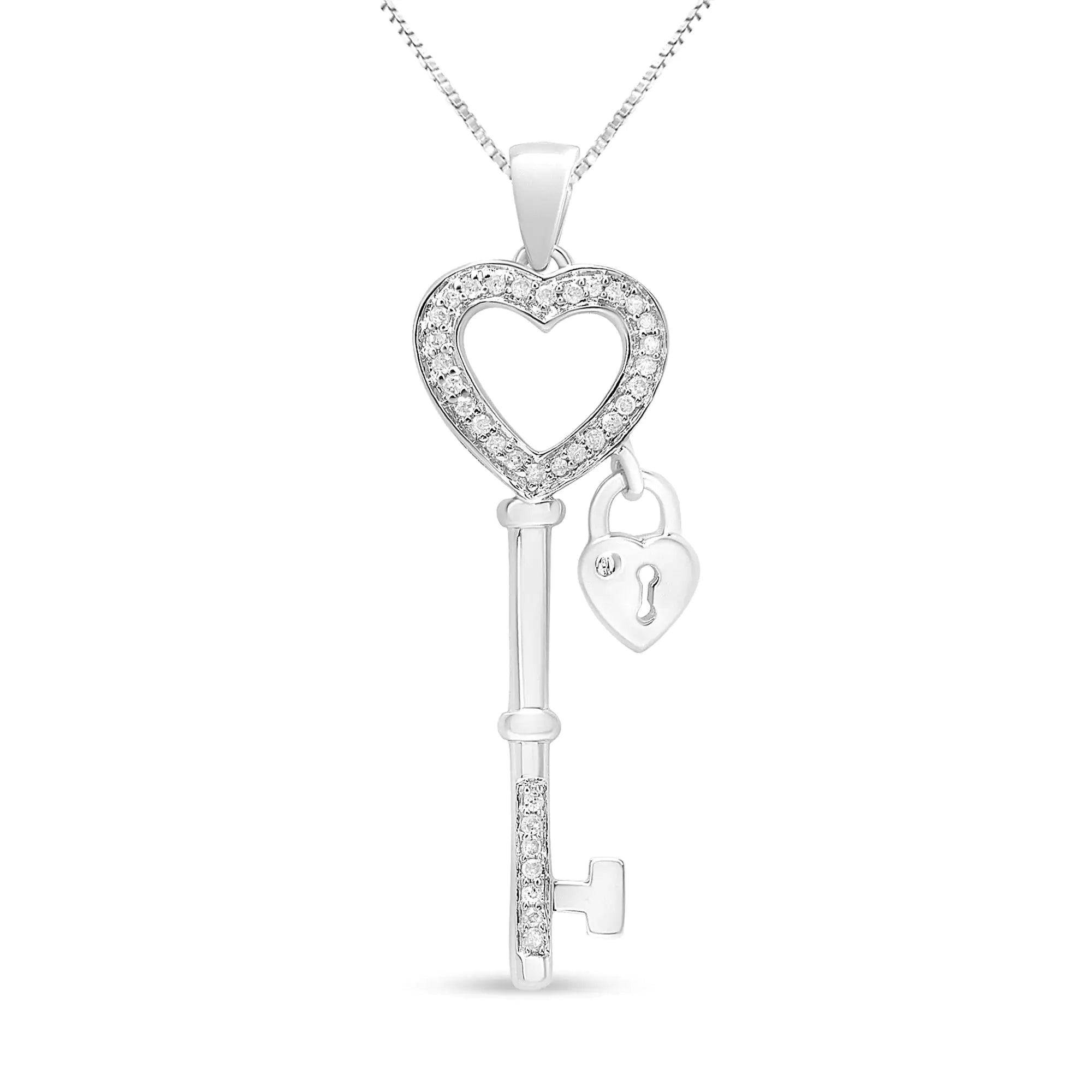 Sterling Silver 1/4 Ct Diamond Lock & Key heart 18" Pendant Necklace