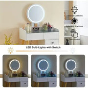 Dressing Table with LED Lights, Glass Top With 5 Drawers, Mirror and Stool Frugal Finds Galore