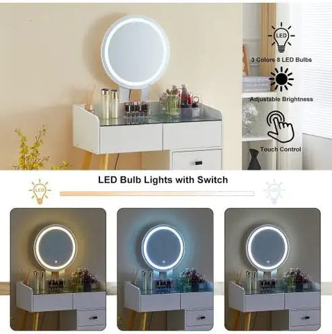 Dressing Table with LED Lights, Glass Top With 5 Drawers, Mirror and Stool Frugal Finds Galore