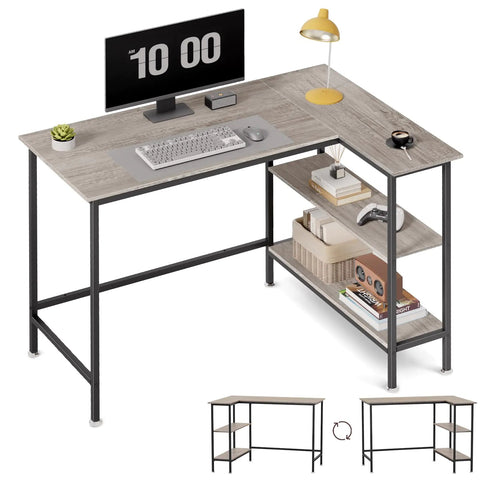L Shaped Office Desk with Reversible Storage Shelves (Gray) Frugal Finds Galore