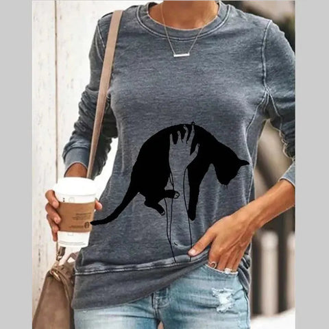Cat Print Long Sleeve Round Neck Pullover T-Shirt Frugal Finds Galore