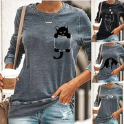 Cat Print Long Sleeve Round Neck Pullover T-Shirt Frugal Finds Galore