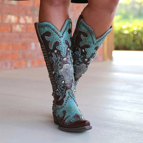 Chic embroidered lace-up mid-calf boots in blue artificial PU leather with intricate details.