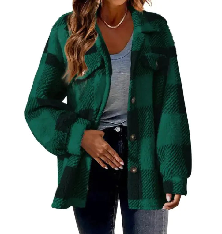 Plush Plaid Women's Autumn And Winter Open Button Lapel Thermal Plaid Pattern Jacket