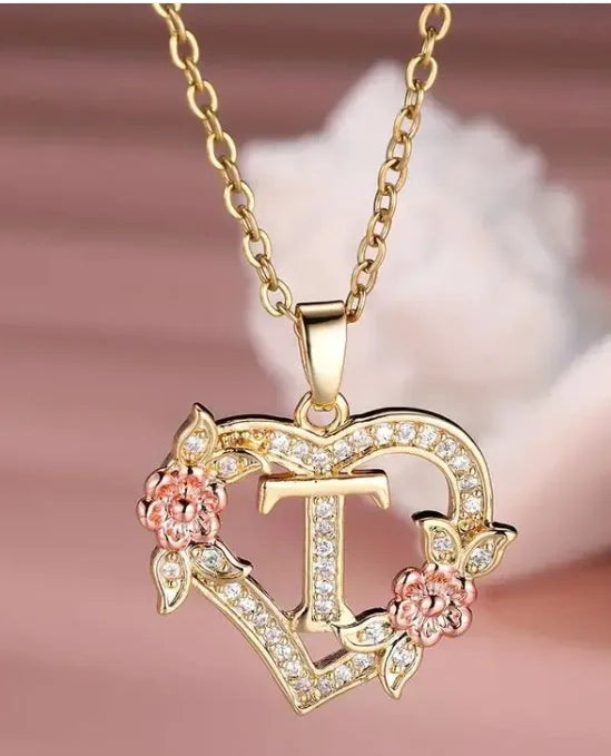 Heart Flowers Letter Necklace