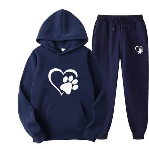 Dog print hoodie and pants set showcasing a paw design, perfect for dog lovers and casual wear.