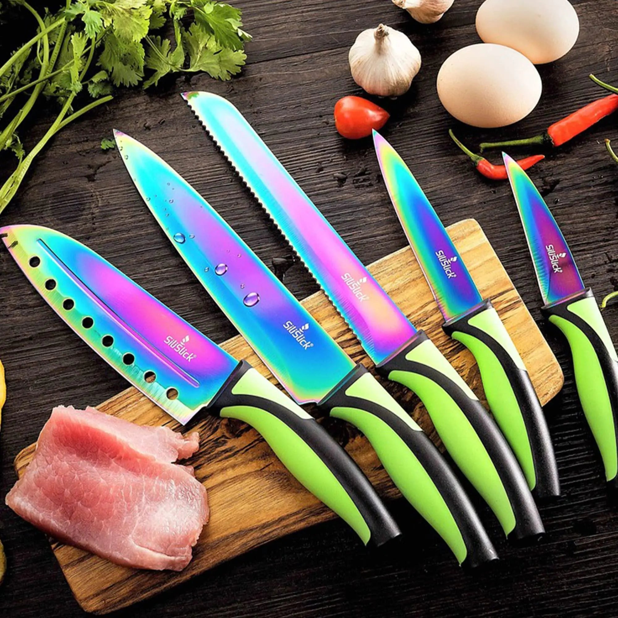 Kitchen Knife Set 5 Professional Grade Iridescent Blade Sharpener Hanger Red