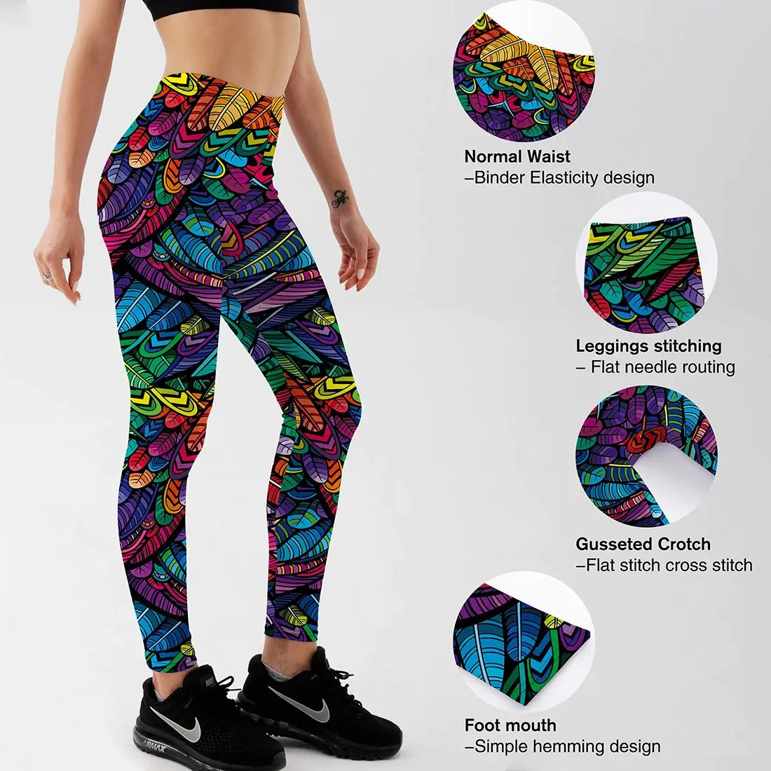 Pantalones deportivos de cintura media para mujer con estampado 3D de plumas de colores de Quickitout