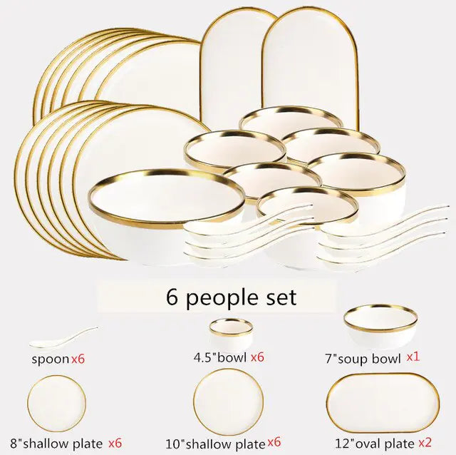 High-quality Matte Gilt Rim White Porcelain Dinner Tray Kitchen Plates Ceramic Tableware Food Dishes Rice Salad Noodles Bowl