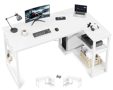 L Shaped Computer Desk 48 Inch with Storage Shelves & PC Stand, White Frugal Finds Galore