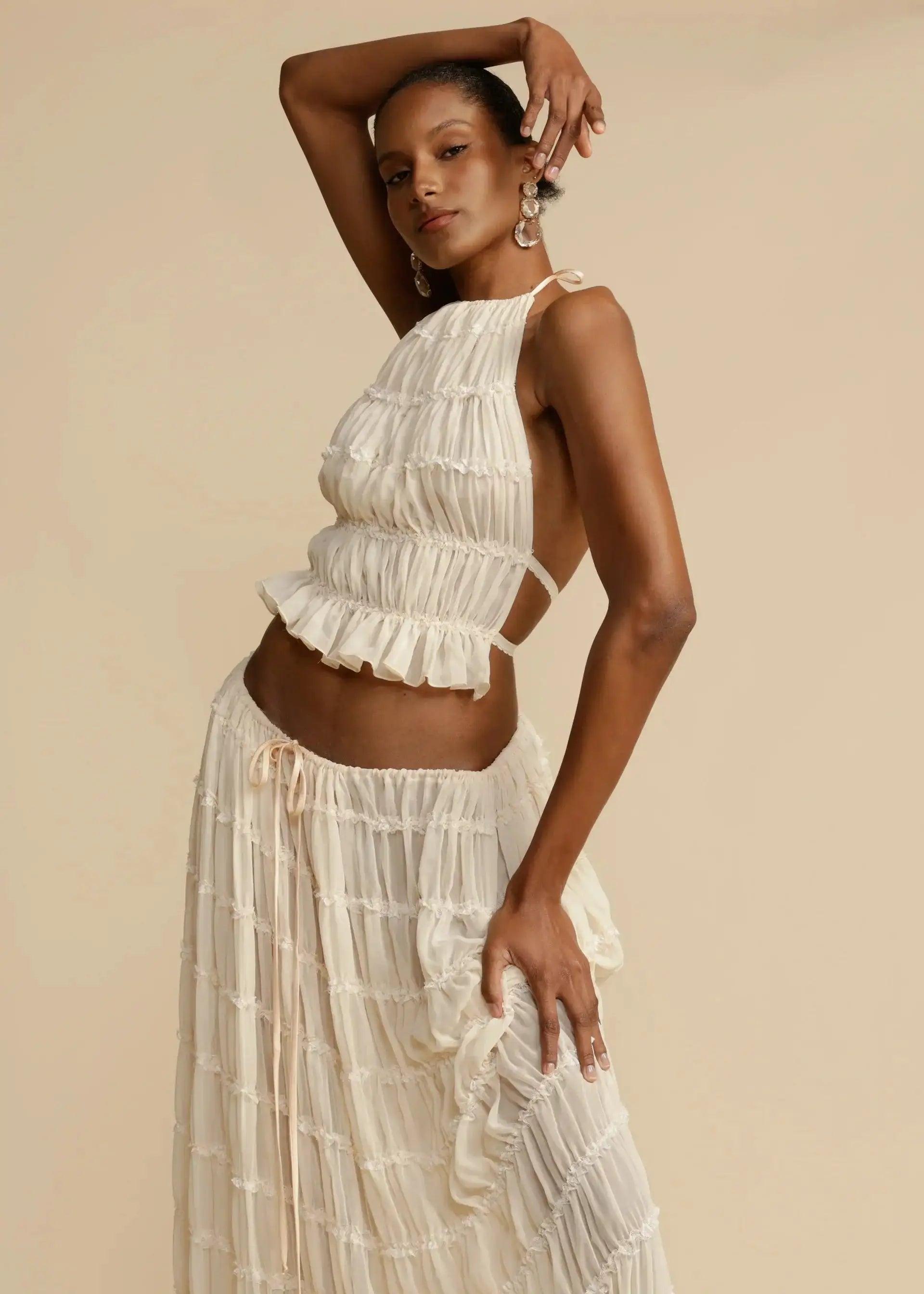 Summer Backless Ruched White Dress Set