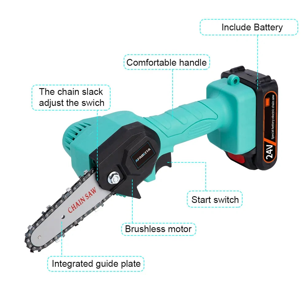 MIni Chainsaw
Rechargeable
Battery
24V
Wood Cutting
Brushless Motor
4in Blade
