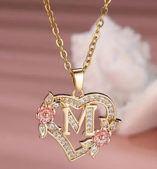 Heart Flowers Letter Necklace