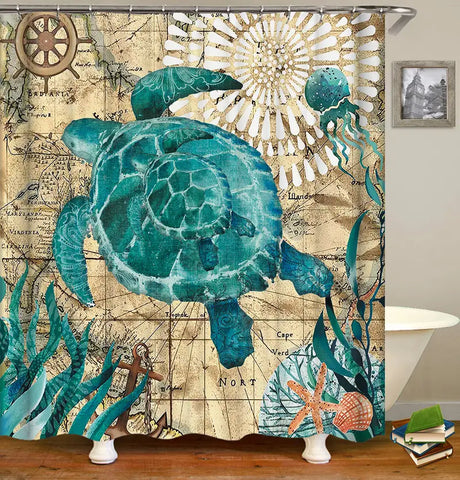 4pcs Turtle Bathroom Decor Set with Shower Curtain & Rugs Frugal Finds Galore