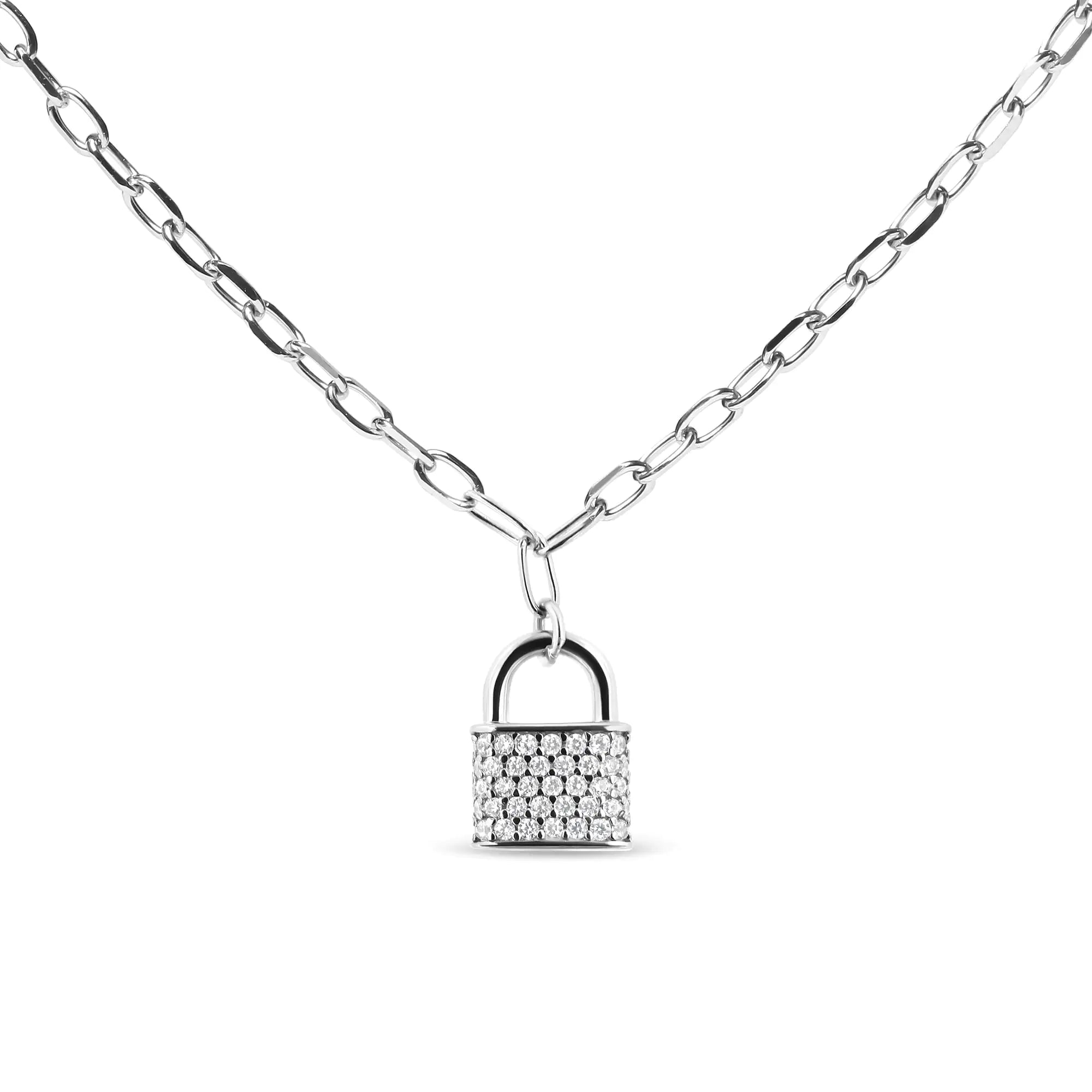 Sterling Silver 1/4 Ct Diamond Lock Pendant Necklace with Paperclip Chain