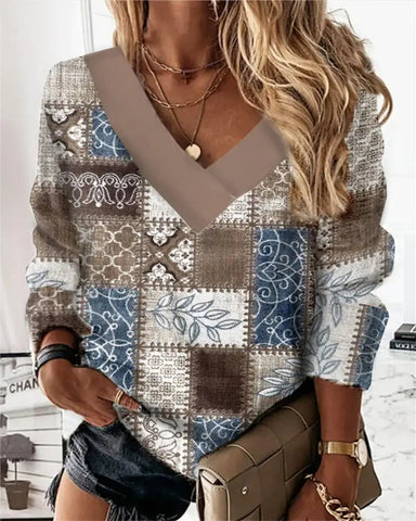 Women's Loose Floral V-neck Long Sleeve Sweater Frugal Finds Galore
