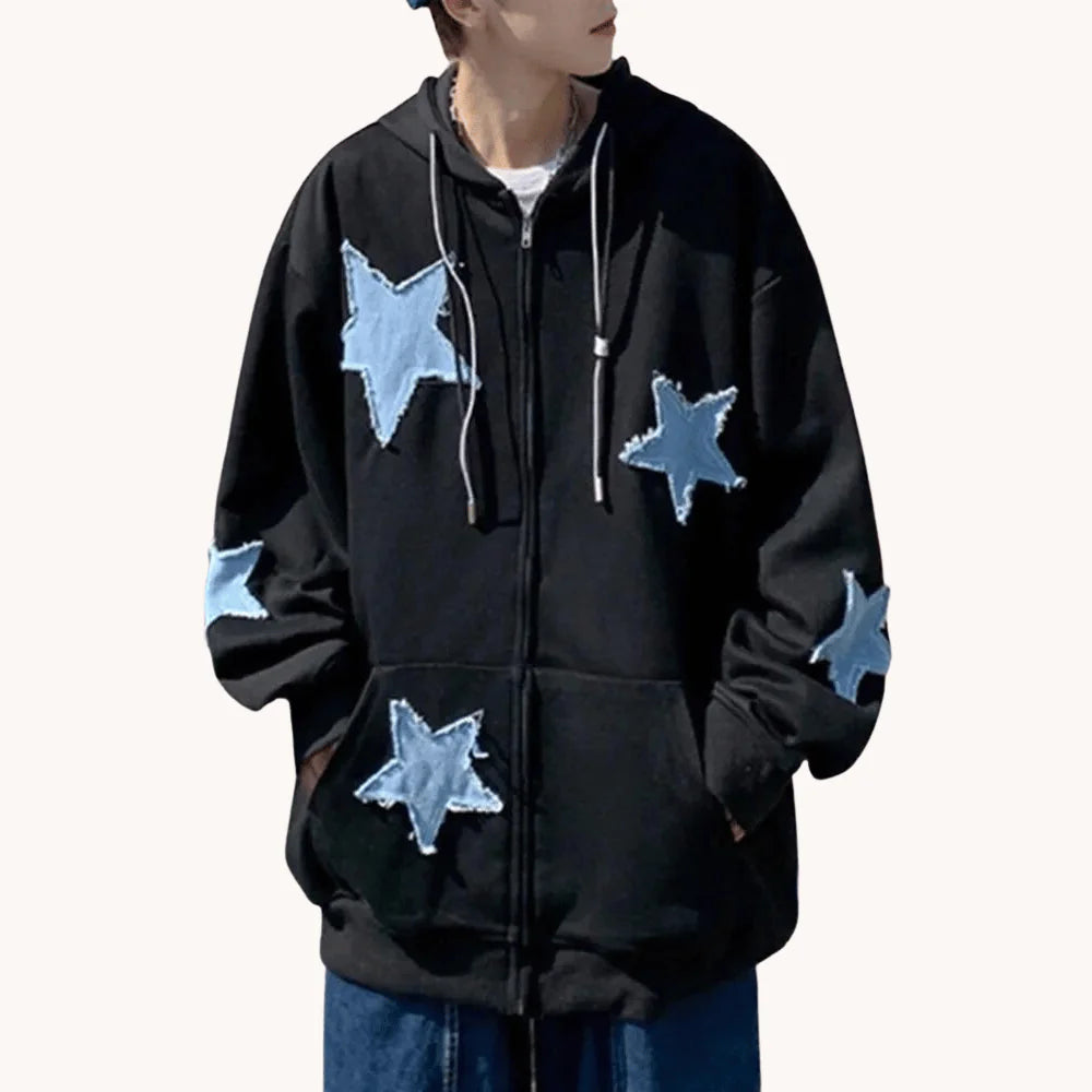 Star Patch Pattern Zip-Up Hoodie