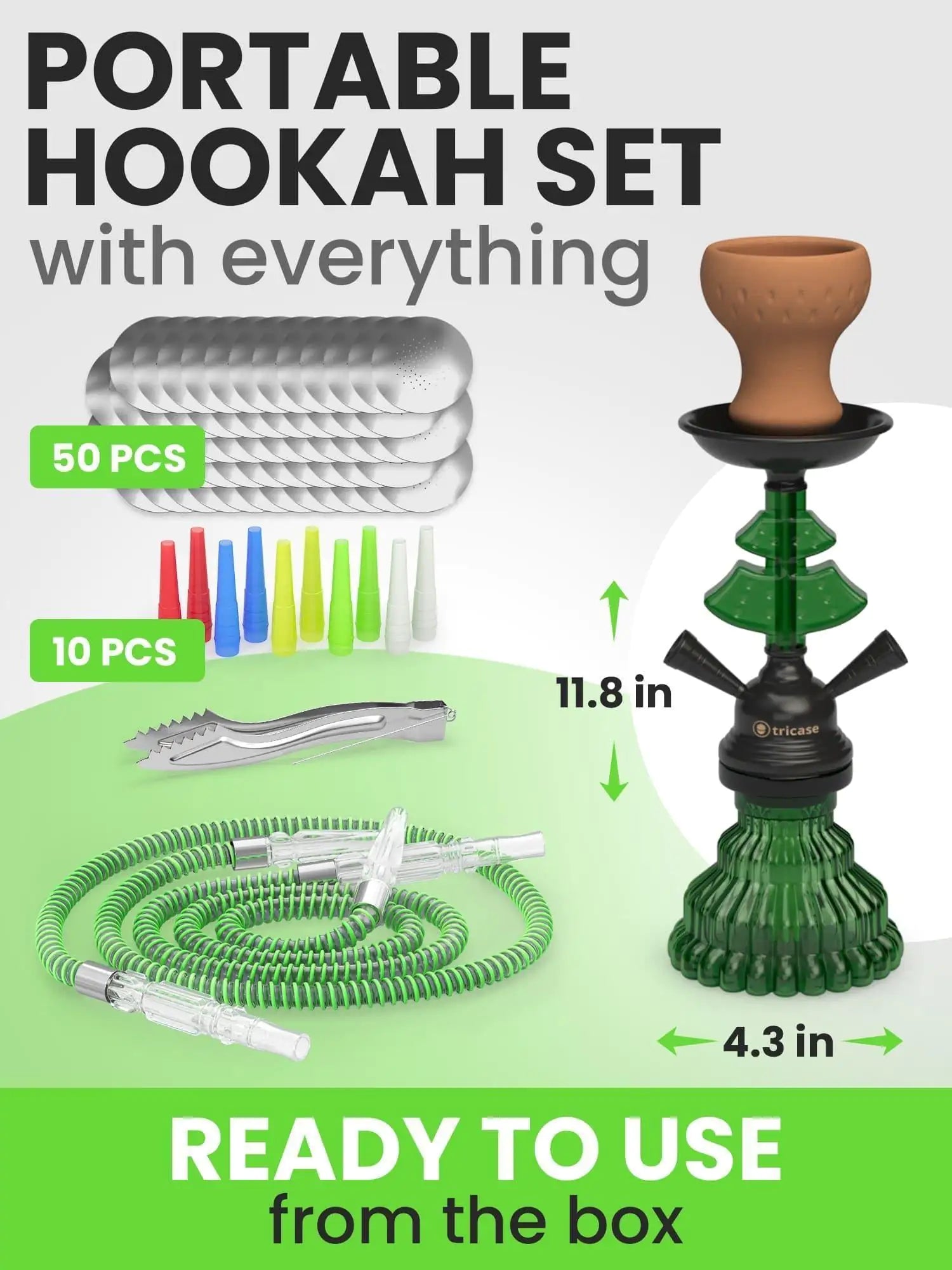 Green Hookah Set 2 Hose Hookah LilOne 12 inch Mini Glass Hookah Combo Kit Set