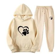 Dog print hoodie and pants set for dog lovers, beige, with heart and paw design.