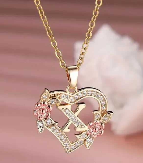 Heart Flowers Letter Necklace