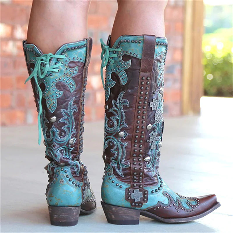 Chic Embroidered Lace-Up Mid-Calf Boots