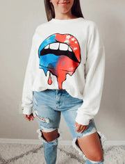Loose Long Sleeve Sweatshirt with Lip Print Design Frugal Finds Galore