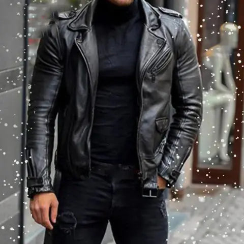 Men's Zip-Up Short Leather Jacket with Lapel Frugal Finds Galore